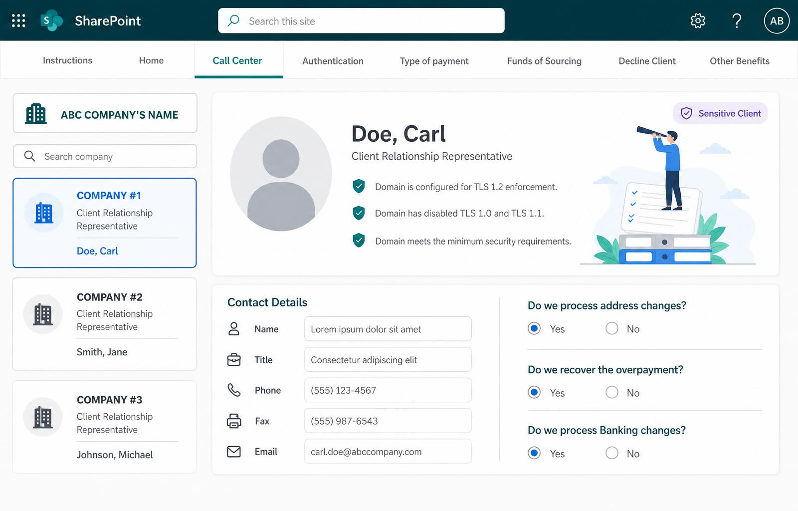 SharePoint Call Center view with client profile, contact details and processing questions