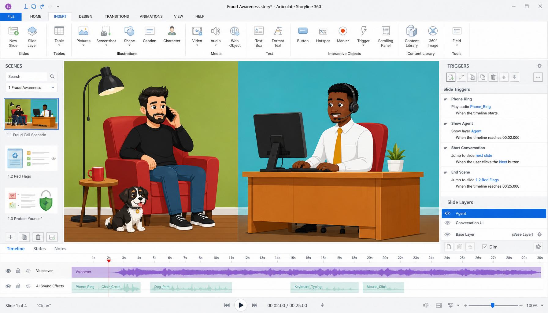 Articulate Storyline editor — fraud call scenario built with AI voices and sound effects